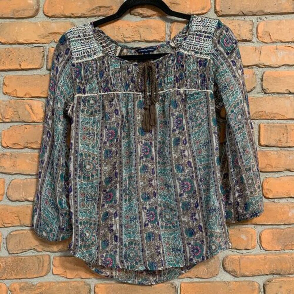 American Eagle Womens XS Floral Paisley Metallic Peasant Blouse Y2K Boho